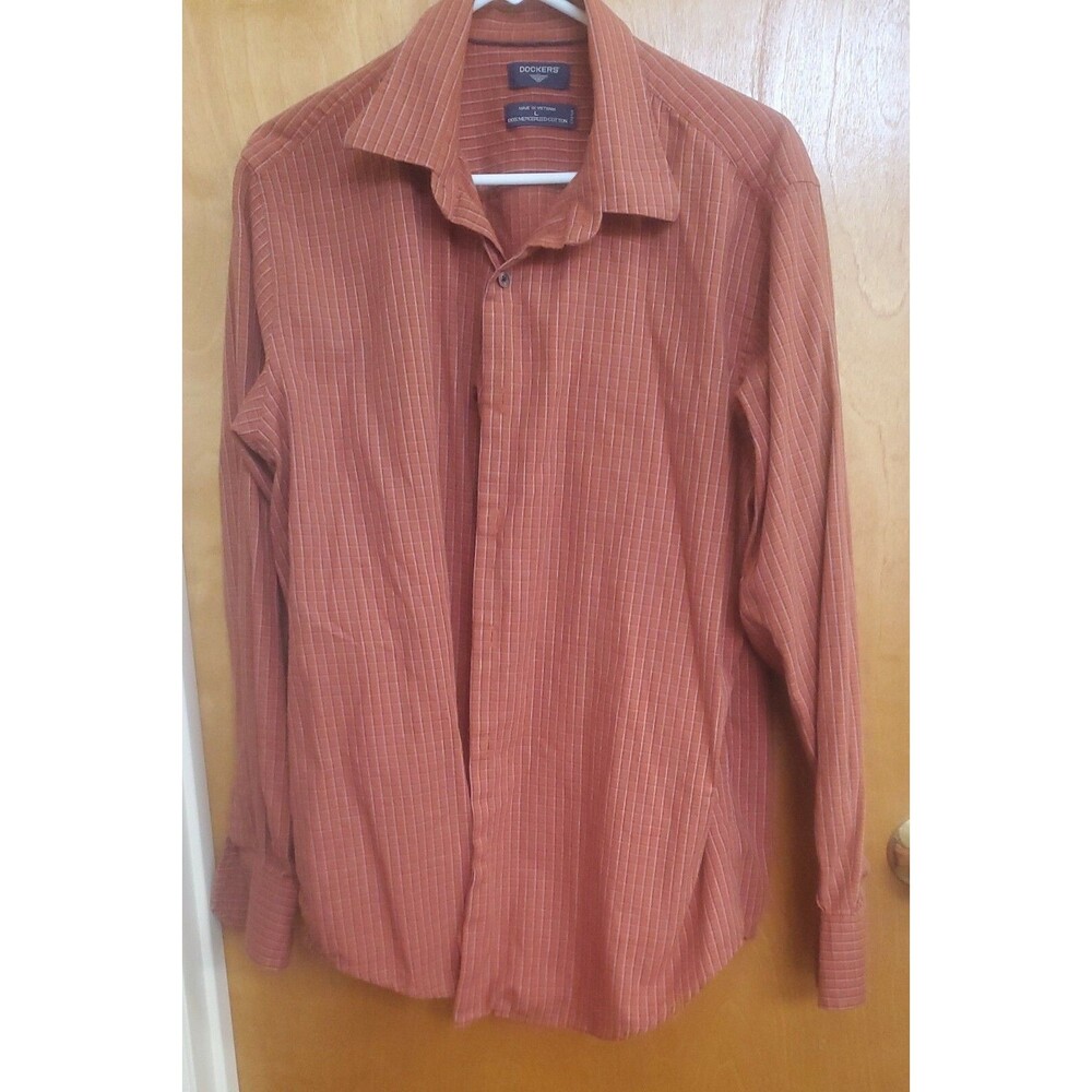 Dockers Premium Stain Defender Button Down Shirt Mens L Long Sleeve Orange Plaid